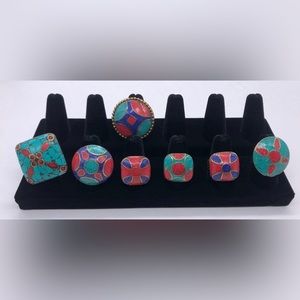 7pcs Colorful Jewel Tone Mosaic Inlay Adjustable Rings.